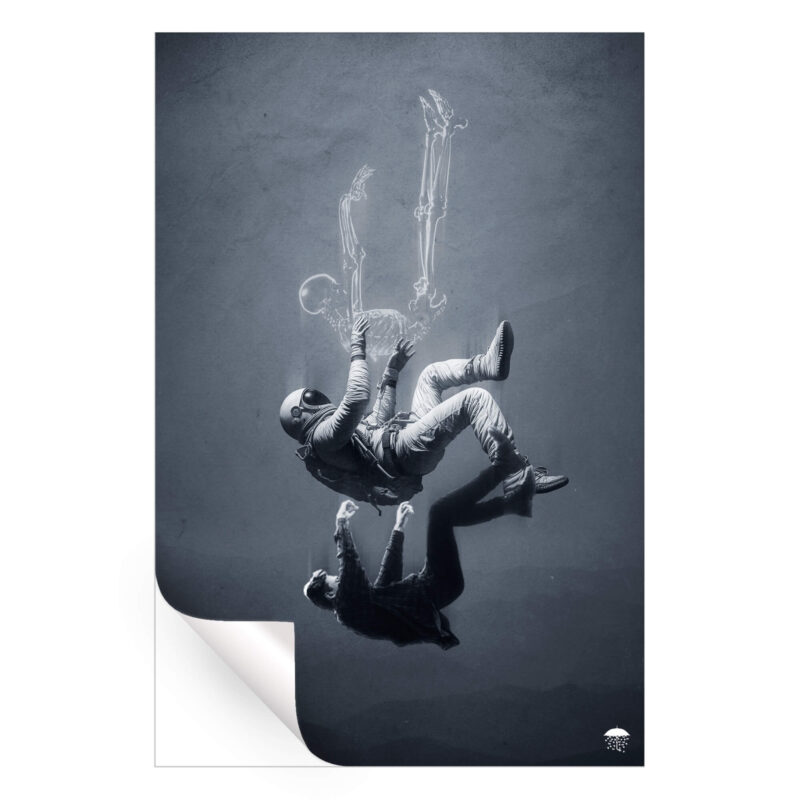 Surreal scene of an astronaut falling, a skeleton above him and a man below him against a gray background.