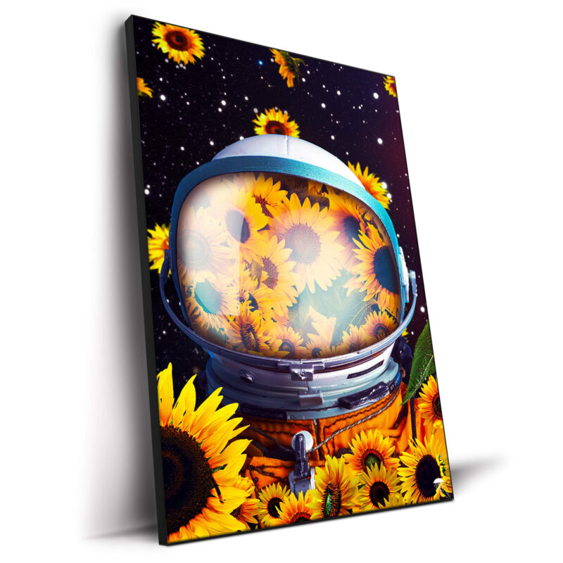 Surreal astronaut surrounded by bright yellow sunflowers against a starry space background.