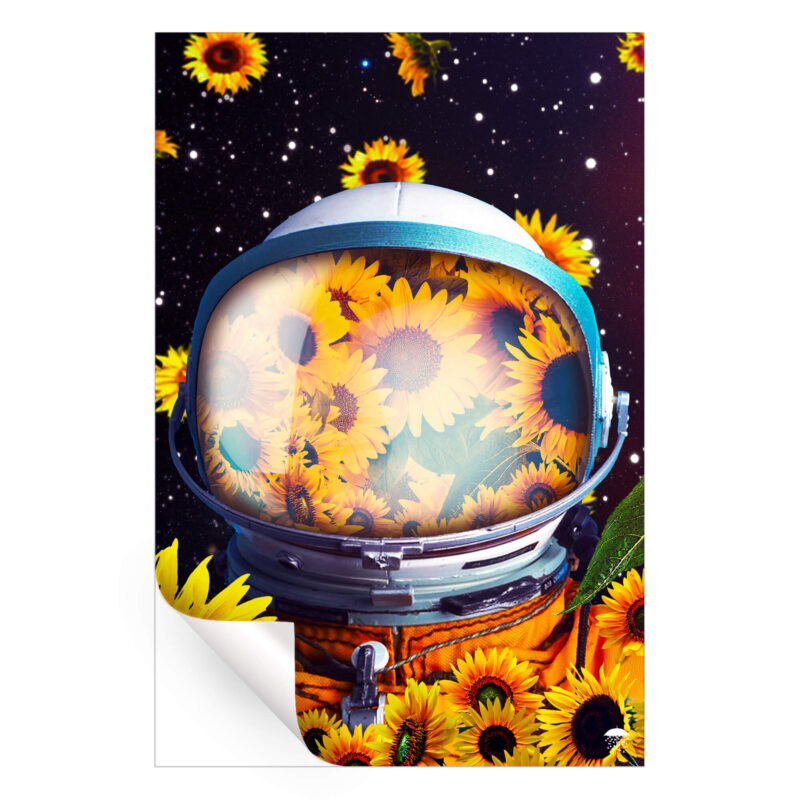 Astronaut surrounded by bright sunflowers against a starry space collage.
