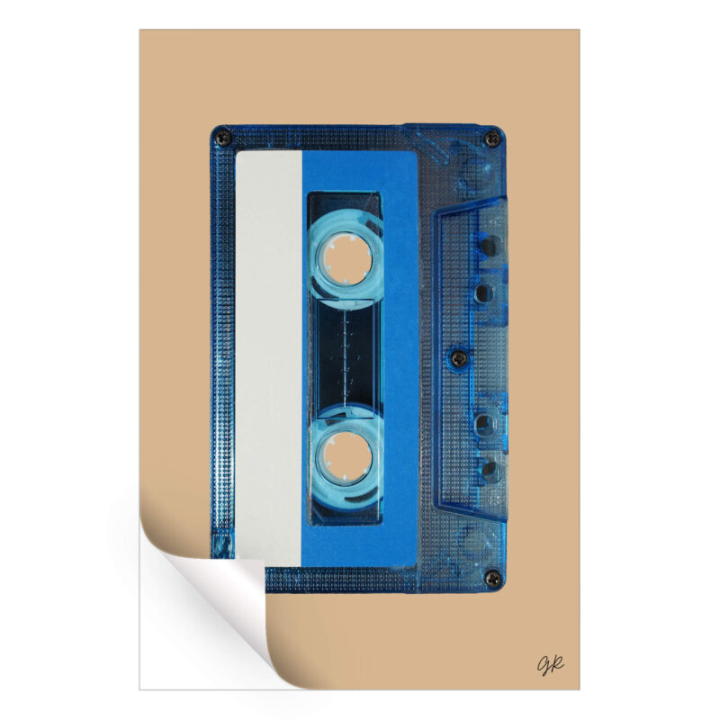 Translucent blue audio cassette tape with a white and blue label against a warm beige background.