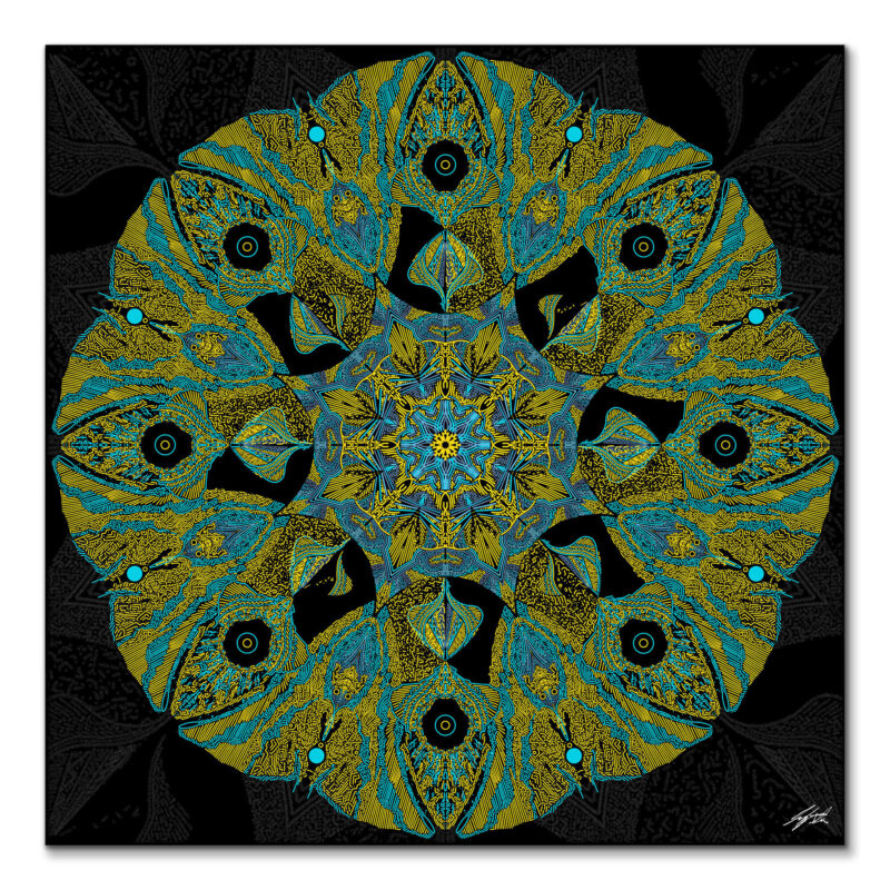 Intricate pattern with green and yellow lines radiating from a center against a textured black background.