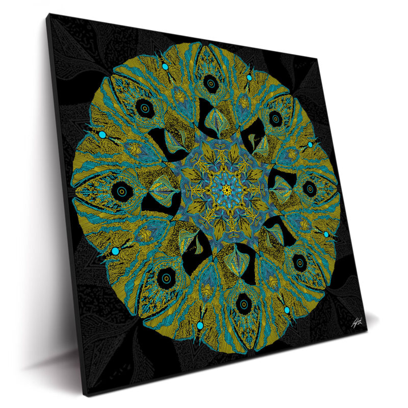 Kaleidoscope pattern with green and turquoise lines radiating against a patterned black background.