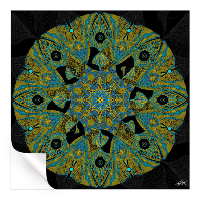 Intricate pattern with gold and turquoise lines radiating from a detailed center against a black background.