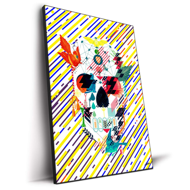 Colorful skull composed of geometric shapes, birds, and abstract elements with a multicolored striped background.