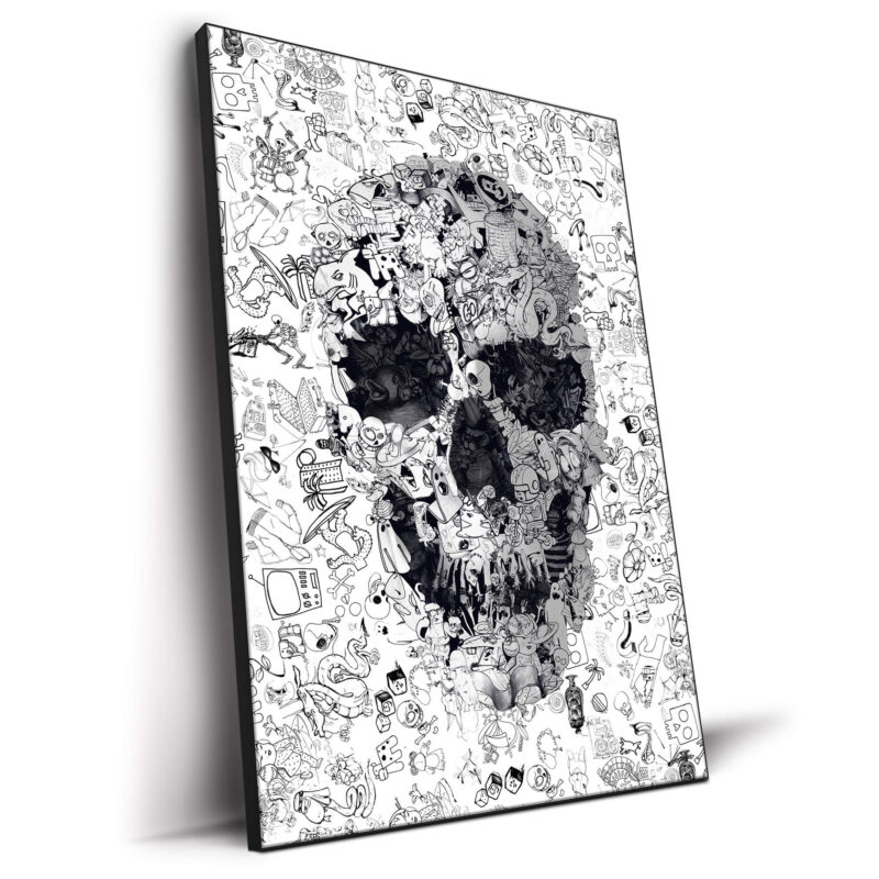 Skull composed of various doodles and drawings forming a cohesive and detailed image.