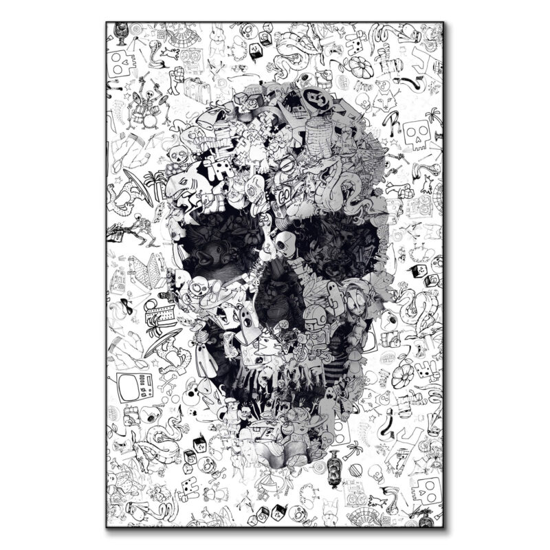 Black and white skull composed of various intricate doodles and drawings forming a cohesive and detailed image.