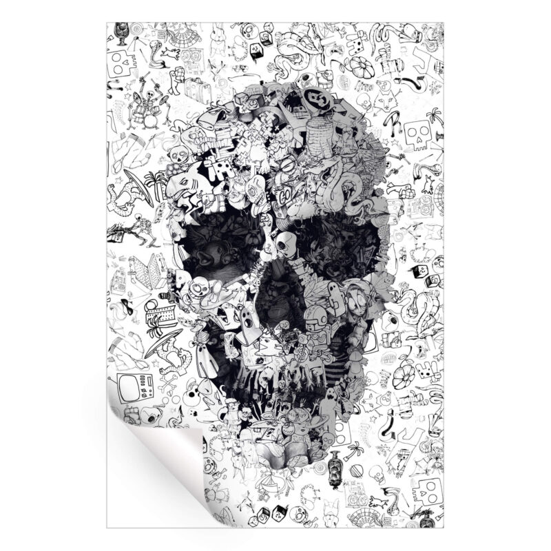 Skull composed of various intricate doodles and drawings forming a cohesive and detailed image.
