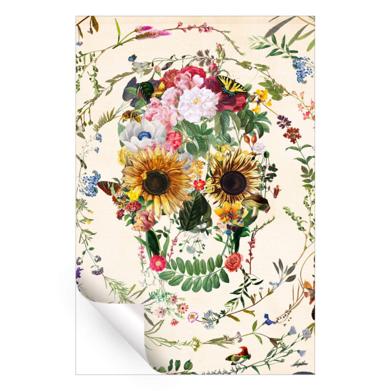 Skull made of sunflowers, roses, and various flowers with butterflies and foliage on a light background.