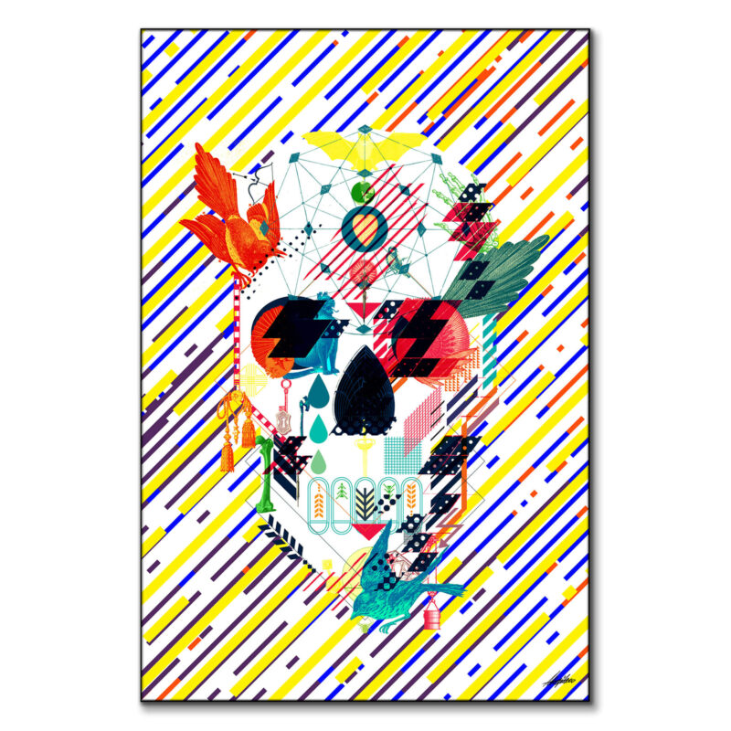 Colorful skull made of geometric shapes, birds, and abstract elements with a multicolored striped background.