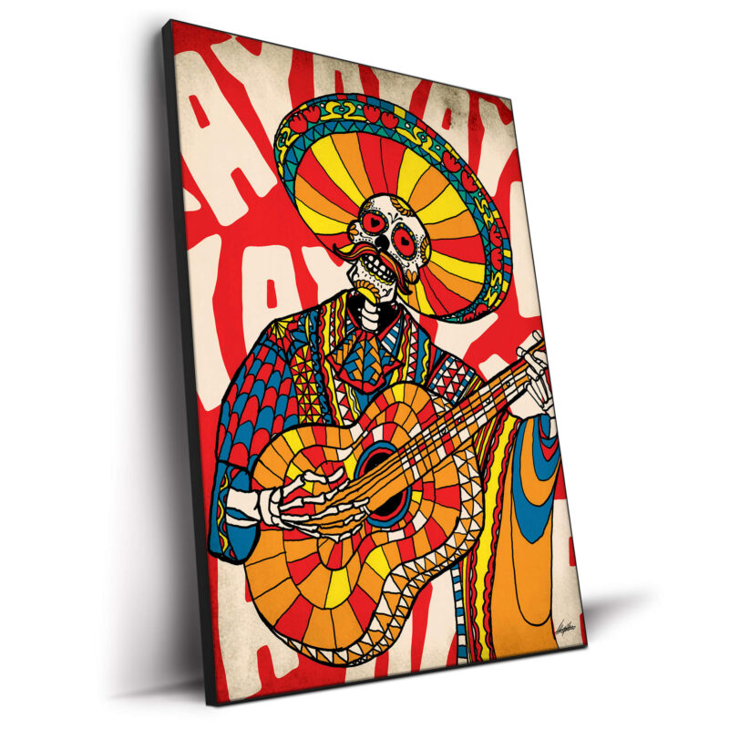 Skeleton mariachi in colorful traditional attire playing a guitar against a vibrant red and white background.