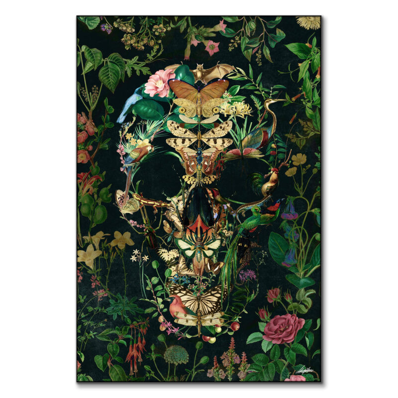 Skull formed by butterflies, birds, and flowers against a dark background in a natural composition.
