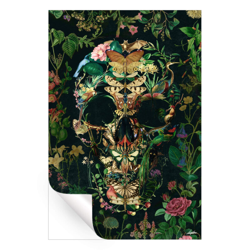 Skull formed by botanical illustrations against a dark background in a detailed, natural composition.