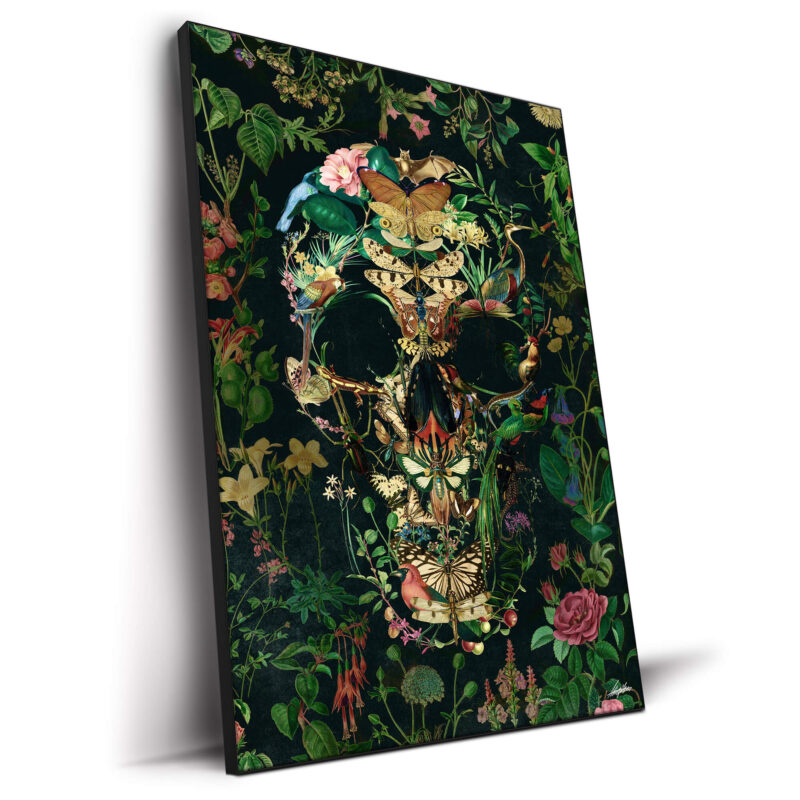 Skull formed by butterflies, birds, and flowers against a dark background in a detailed, natural composition.