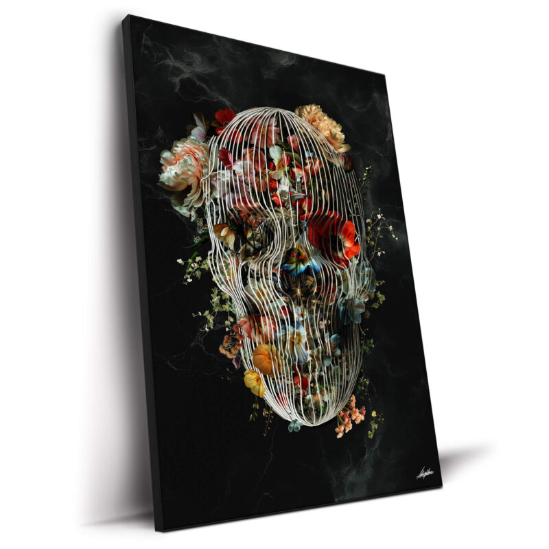 Skull formed by white cage-like lines filled with colorful flowers against a dark background.