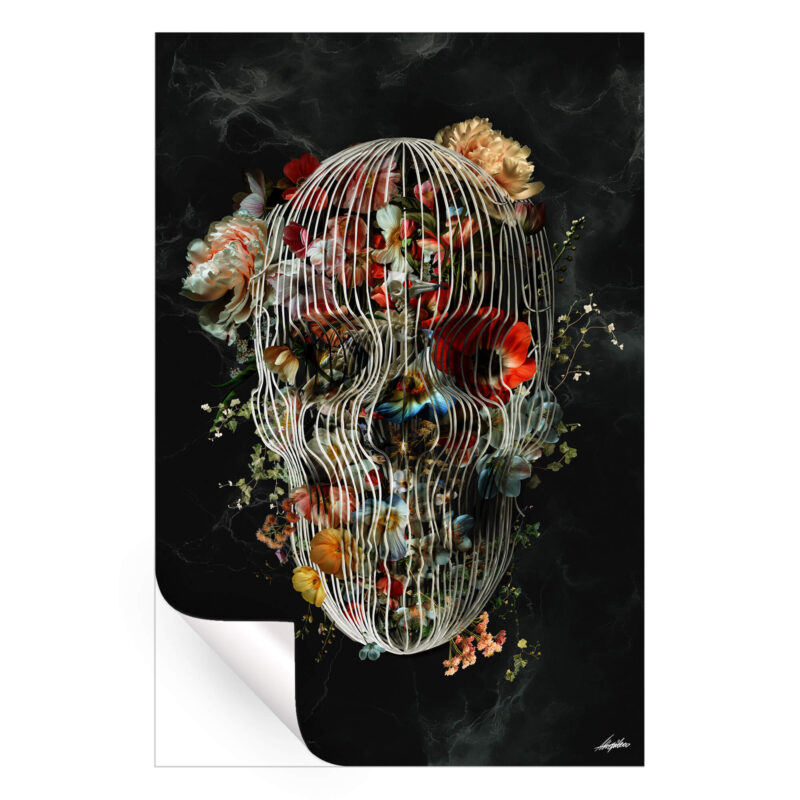 Skull formed by white cage-like lines filled with colorful flowers against a black background.