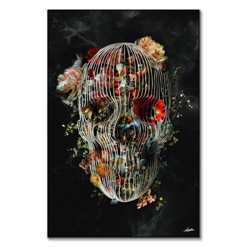 Skull formed by white cage-like lines filled with flowers against a dark background.