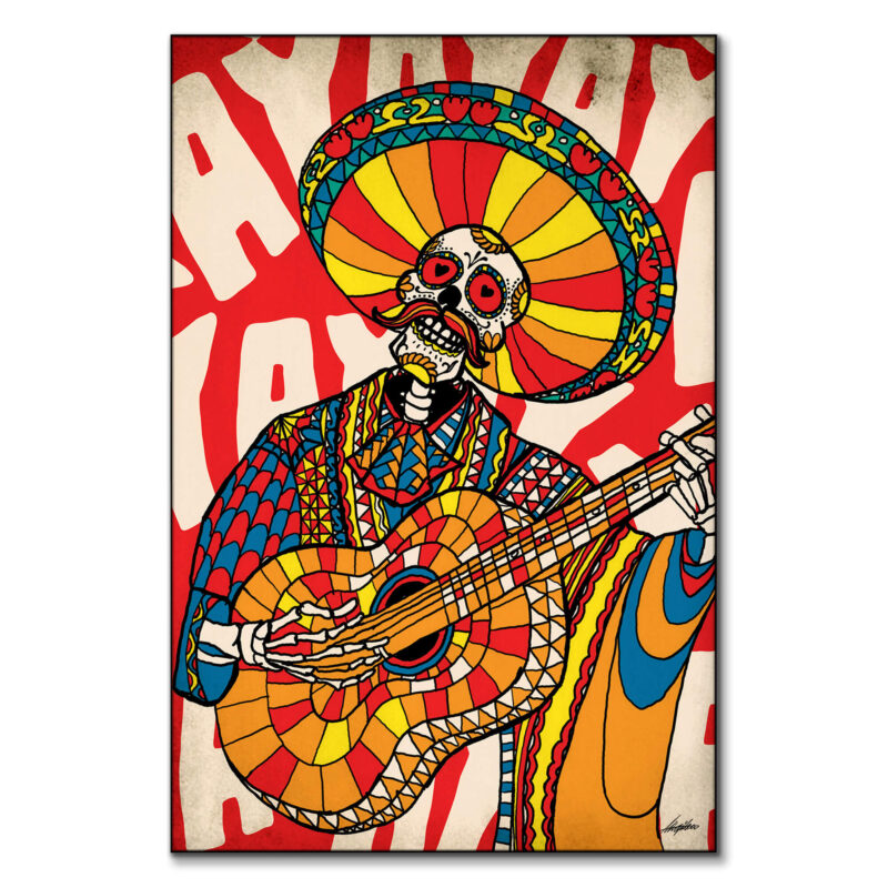 Skeletal mariachi musician in colorful traditional attire playing a guitar against a vibrant red and white background.