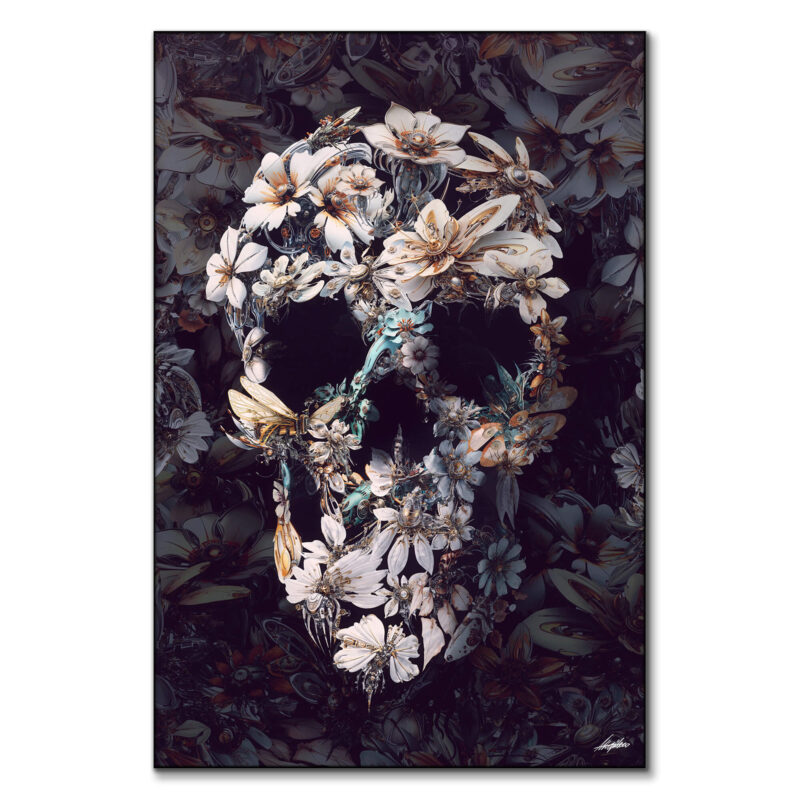 Skull created from white and pale flowers with butterflies and insects against a dark background.