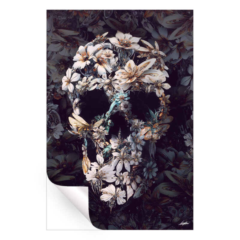 Skull created from white and pale machine flowers with butterflies and insects against a dark background.