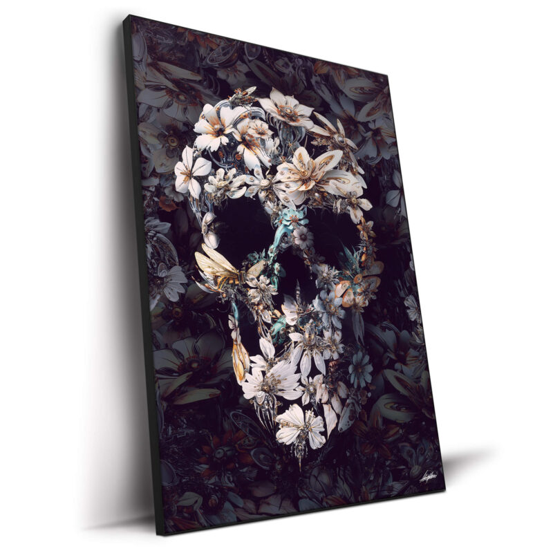 Steampunk skull created from white and pale machine flowers with butterflies and insects against a dark background.