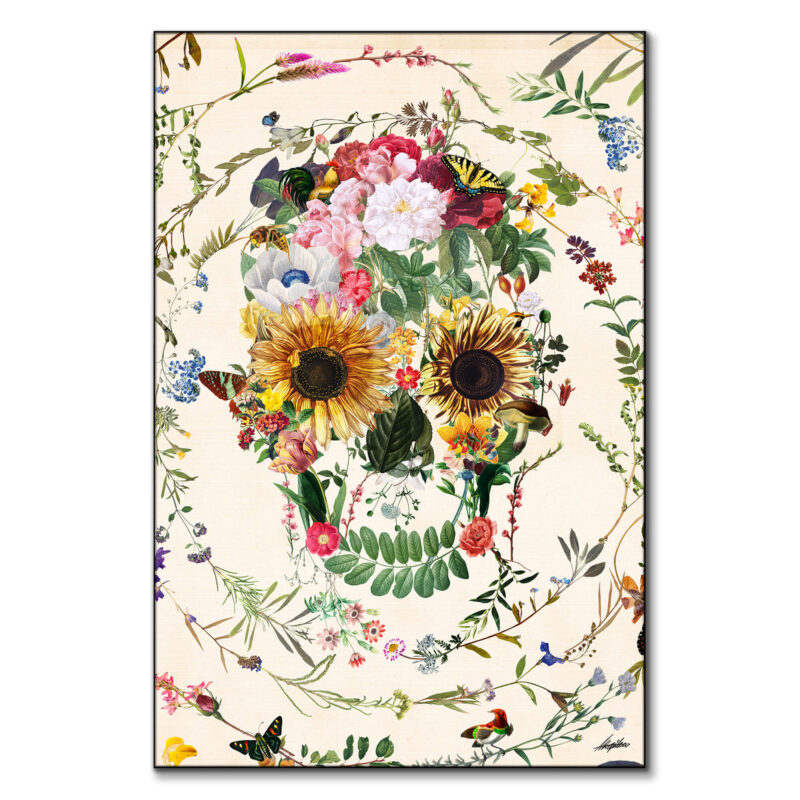 Skull made of sunflowers, roses, and various flowers with butterflies and foliage.
