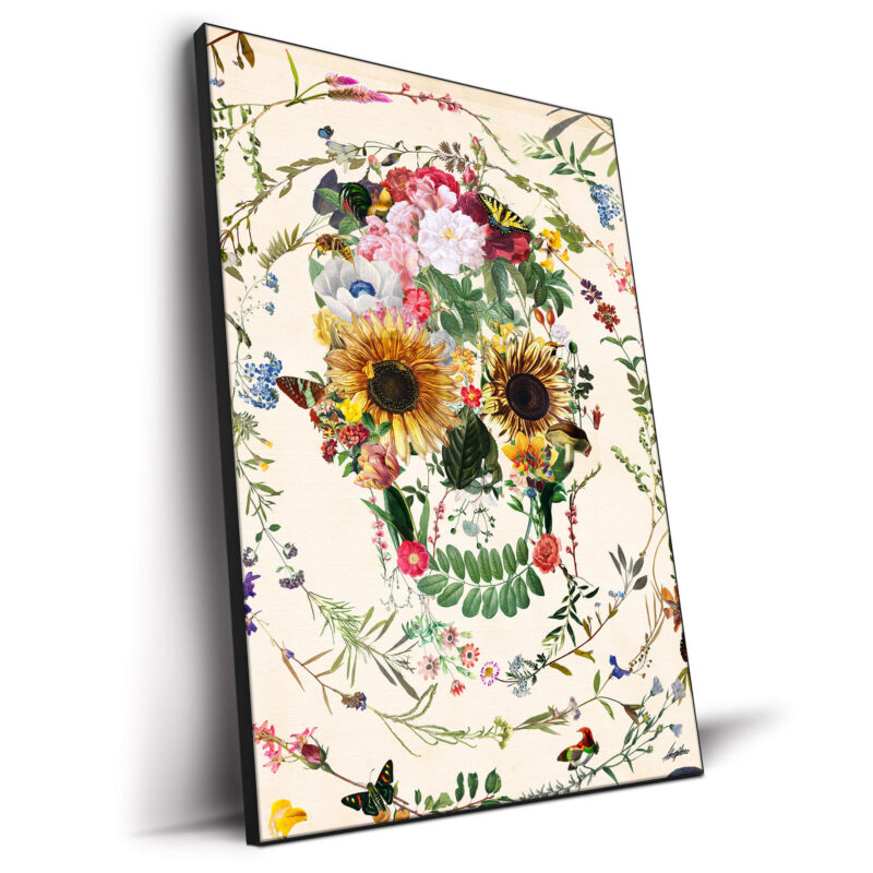 Skull made from vintage botanical illustrations on a light background.