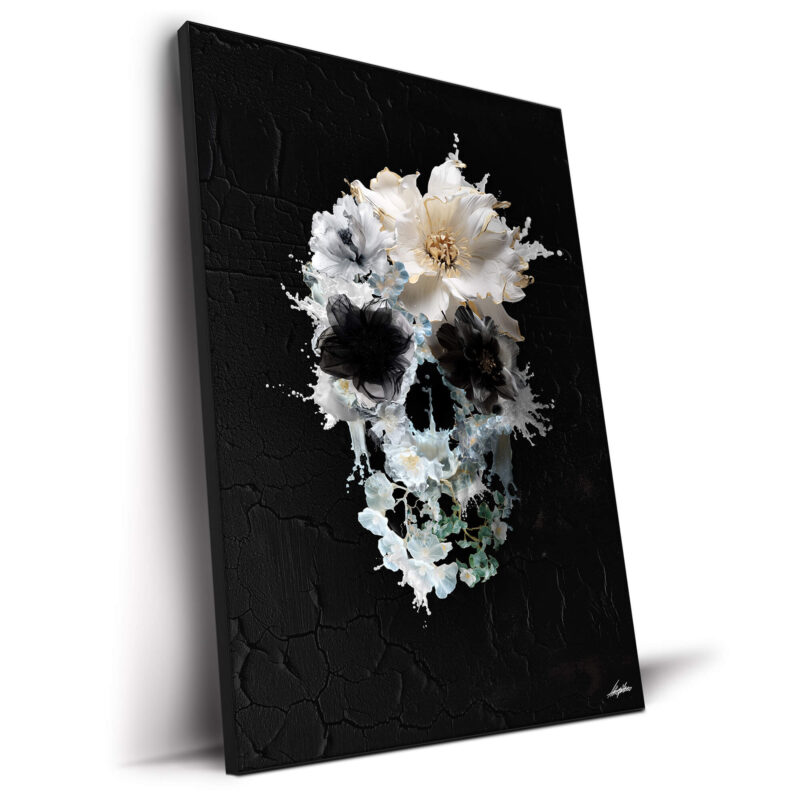 Skull created from white and black flowers with abstract splashes on a dark, textured background.