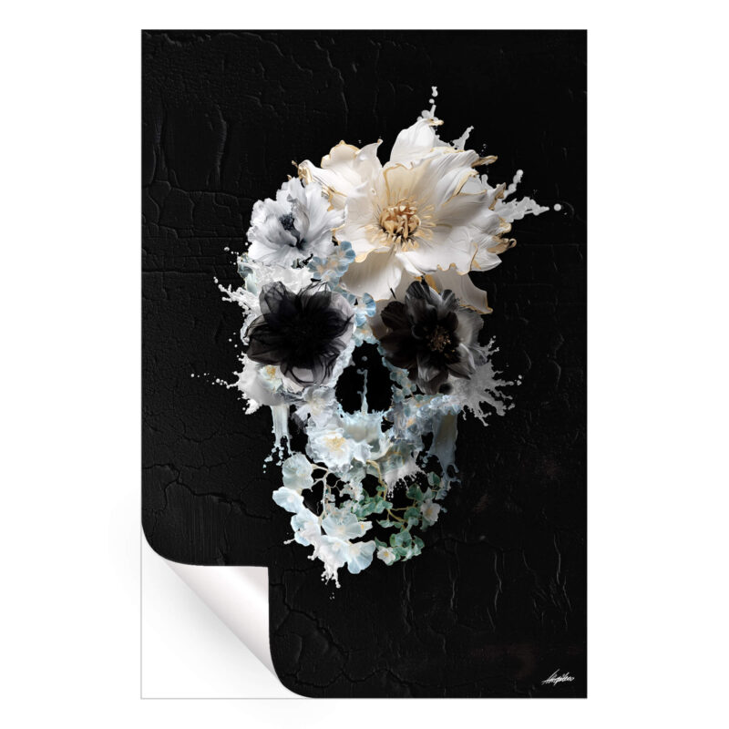 Skull made from white and black flowers with abstract splashes on a dark, textured background.