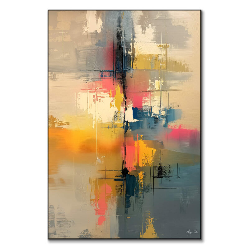 Abstract cream tones with vibrant splashes of pink, yellow, and blue intersected by vertical and horizontal streaks.