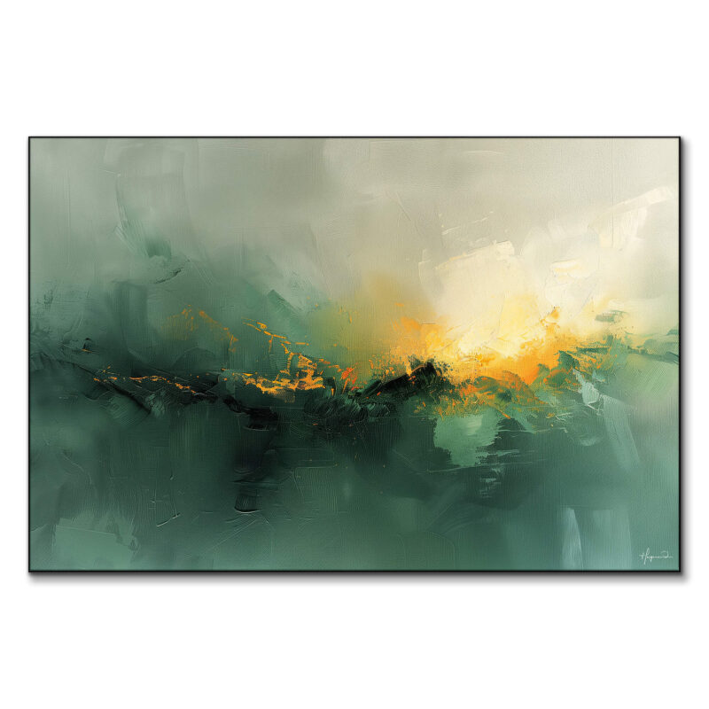 Misty greens with a burst of golden yellow and orange, reminiscent of dawn breaking through fog.