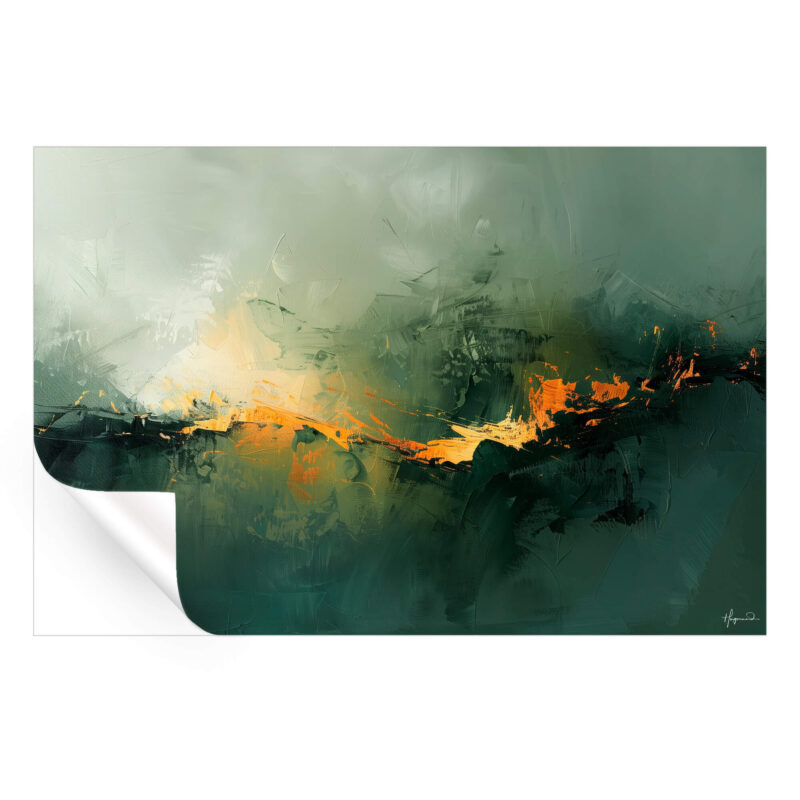 Deep greens with a vivid streak of orange and yellow, resembling a fiery horizon.