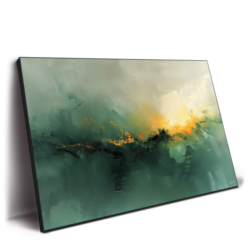 Abstract misty greens with a burst of golden yellow and orange, reminiscent of dawn breaking through fog.