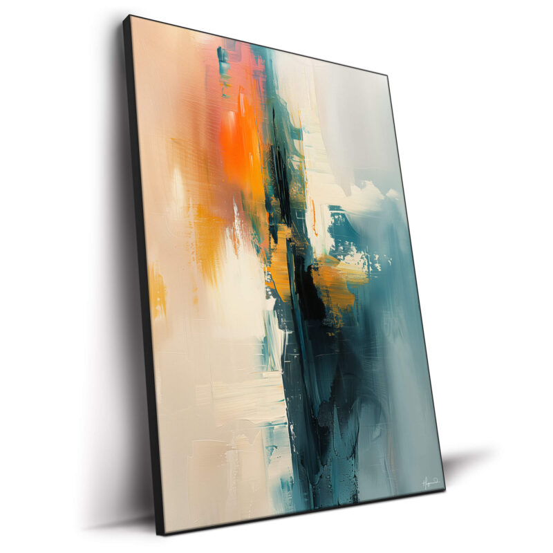 Abstract oranges on the left transition to calming teals and blues on the right.