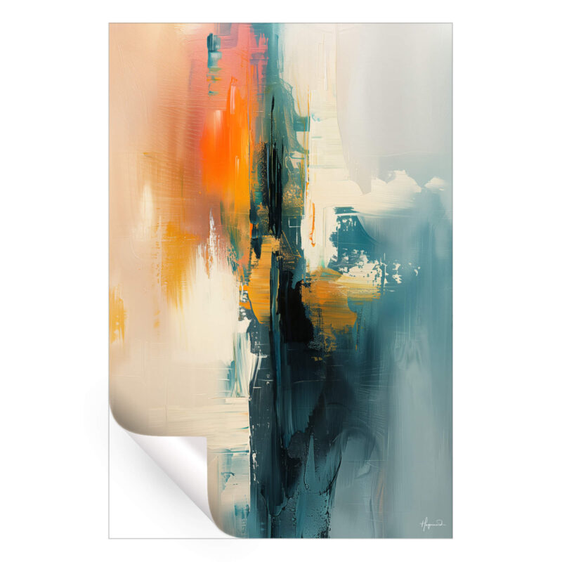 Fiery oranges transition to calming teals and blues, with muted neutrals in the background.