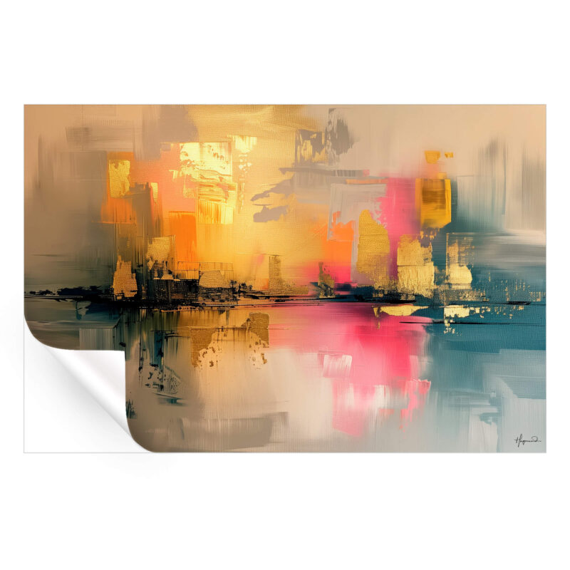 Warm gold and orange tones reflected in softer pinks and blues, creating depth and balance.