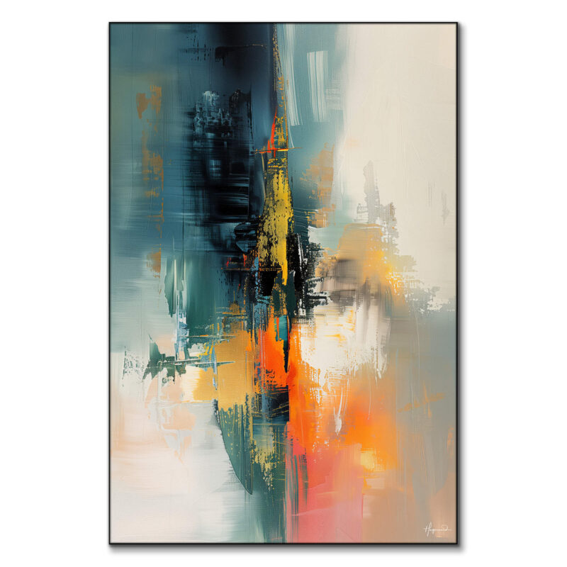 Warm reds and oranges merge into calming teals and blues with striking yellow accents.