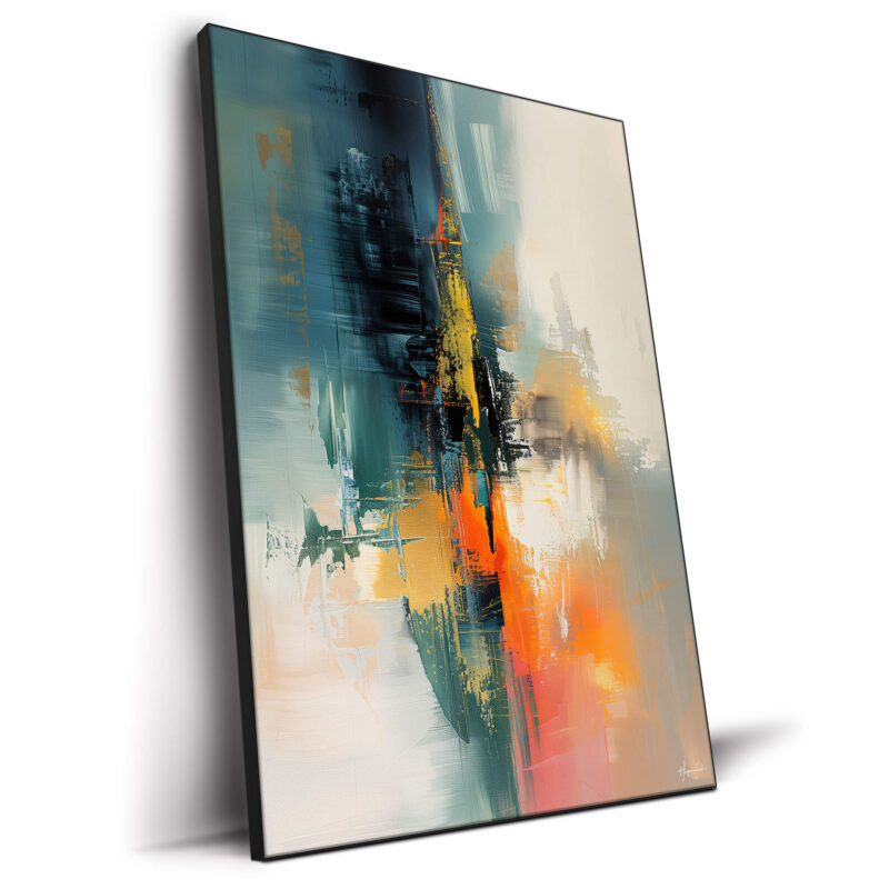 Fiery reds and oranges merge into calming teals and blues with striking yellow accents.