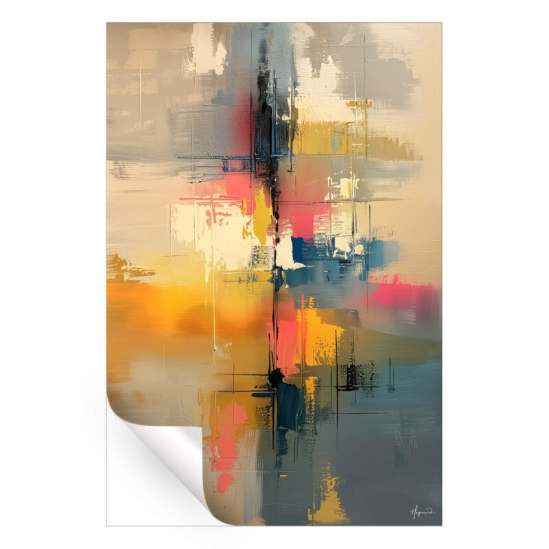 Soft beige tones with vibrant splashes of pink, yellow, and blue intersected by vertical and horizontal streaks.