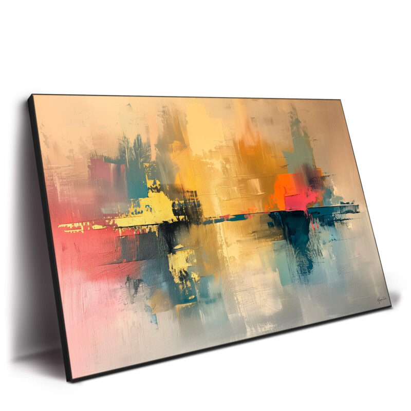 Abstract warm gold and orange tones blend into deep reds, blues, and teals.