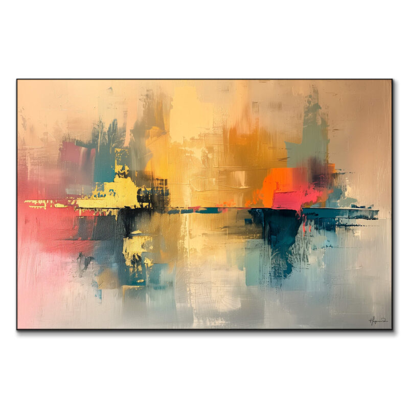 Warm gold and orange tones blend into deep reds, blues, and teals.