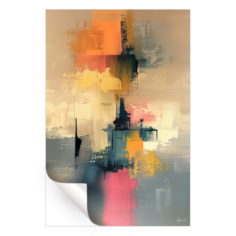 Warm reds and oranges at the top blend into softer yellows and cool blues at the bottom with striking dark accents.