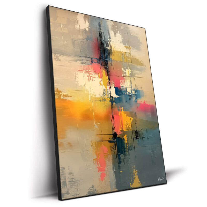 Soft cream tones with vibrant splashes of pink, yellow, and blue intersected by vertical and horizontal streaks.