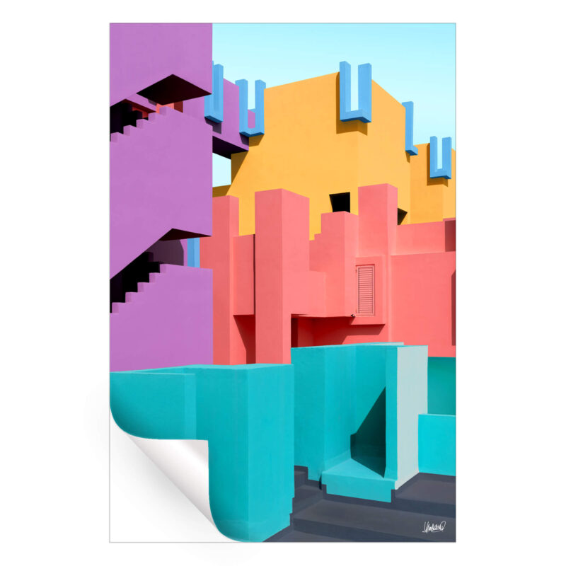 Colorful buildings in turquoise, pink, yellow, and purple, forming a vibrant cityscape.