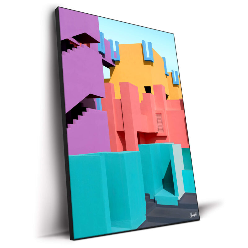 Colorful, surreal forms in turquoise, pink, yellow, and purple.