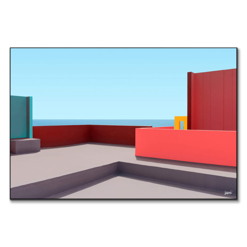 Liminal terrace with red, blue, and yellow walls overlooking the sea, showcasing minimalist design.