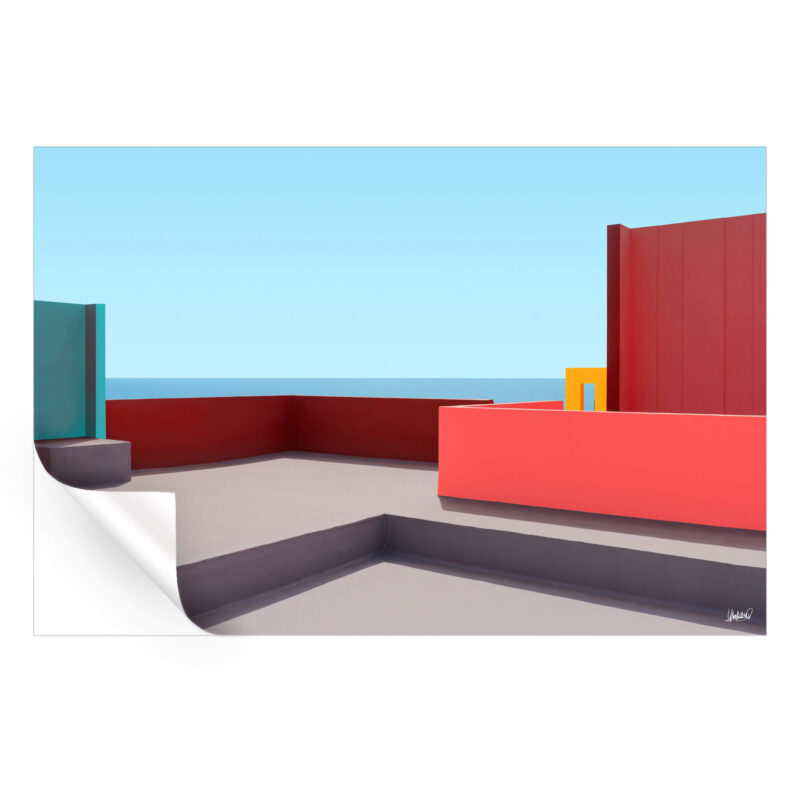 Vibrant terrace with red, blue, and yellow walls overlooking the sea.