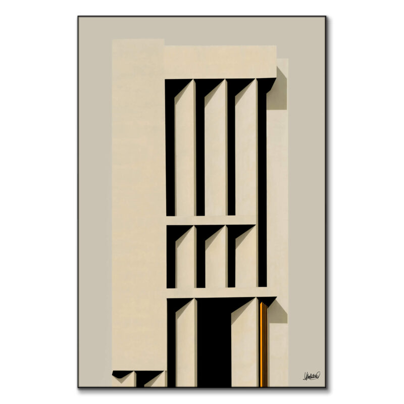 Minimalist building with clean vertical lines and dramatic shadows in beige.