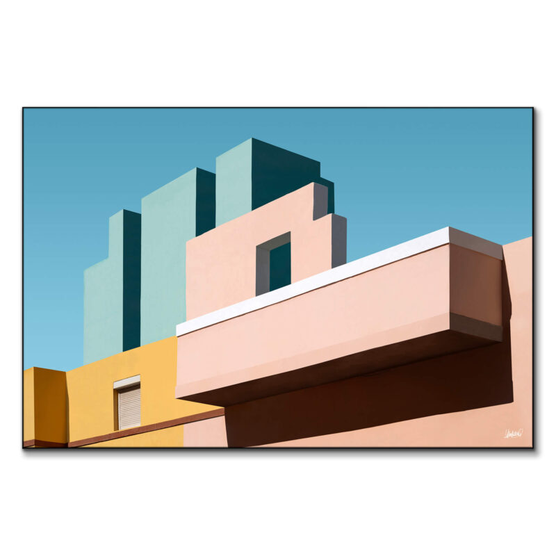 Modern pastel pink, yellow, and green liminal buildings creating a dynamic skyline under a blue sky.