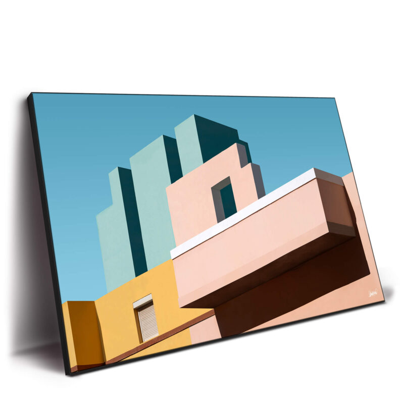 Pastel pink, yellow, and green buildings creating a dynamic skyline under a blue sky.