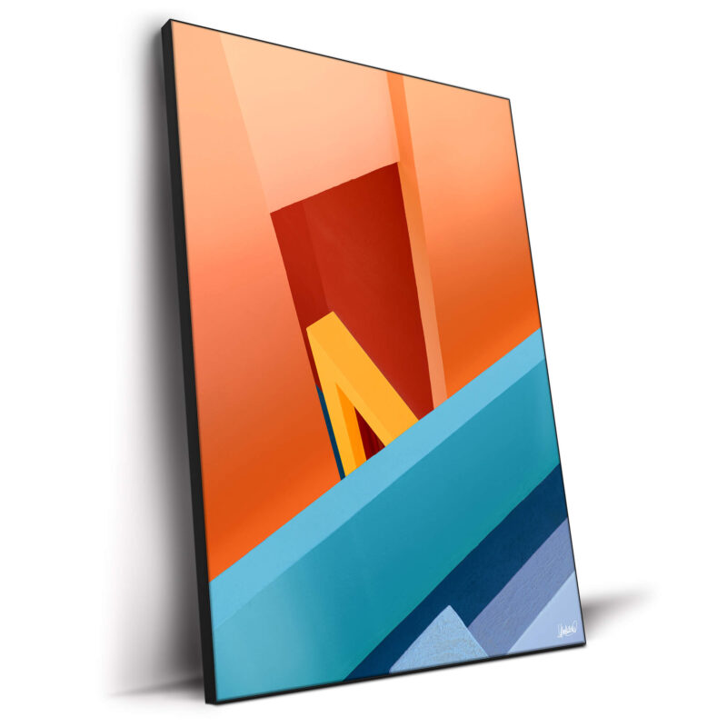 Architectural elements in vivid orange, yellow, and turquoise, creating an abstract geometric composition.